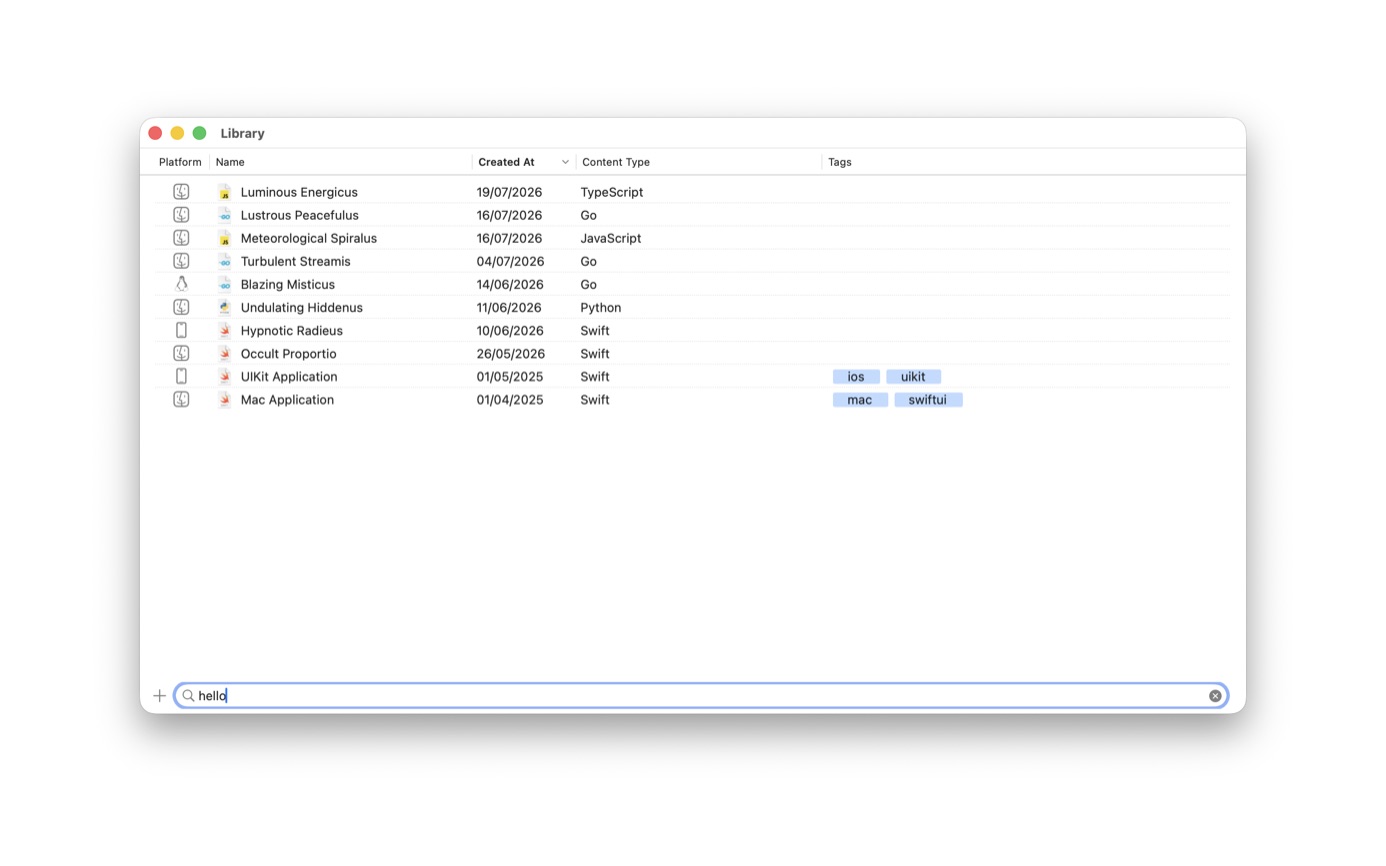Notepad.exe Library listing notes by language, including a Python note, with a search field